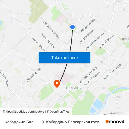 Кабардино-Балкарский Государственный Университет to Кабардино-Балкарская государственная сельскохозяйственная академия имени В.М. Кокова. map