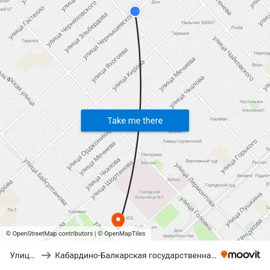 Улица Осипенко to Кабардино-Балкарская государственная сельскохозяйственная академия имени В.М. Кокова. map