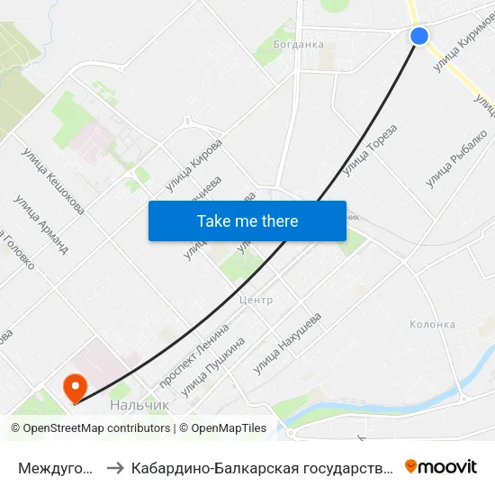 Междугородный Автовокзал to Кабардино-Балкарская государственная сельскохозяйственная академия имени В.М. Кокова. map