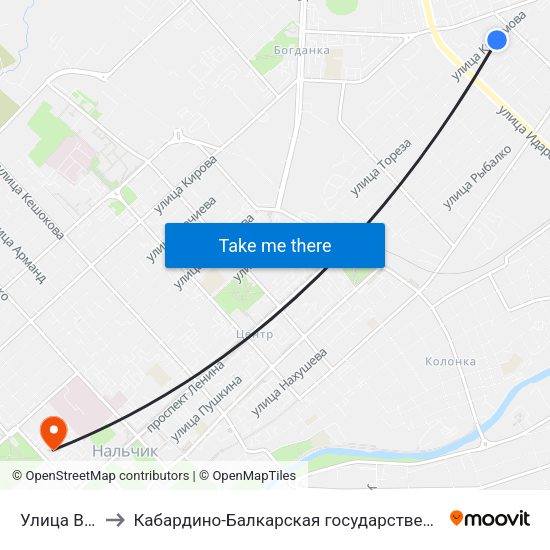 Улица Василия Чапаева to Кабардино-Балкарская государственная сельскохозяйственная академия имени В.М. Кокова. map
