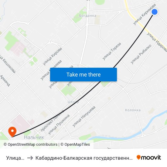 Улица Фурманова to Кабардино-Балкарская государственная сельскохозяйственная академия имени В.М. Кокова. map