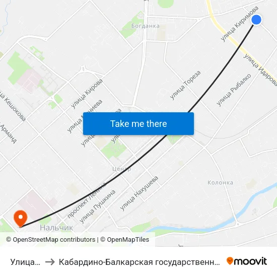 Улица Фурманова to Кабардино-Балкарская государственная сельскохозяйственная академия имени В.М. Кокова. map