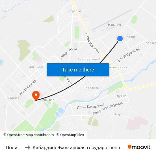 Поликлиника №2 to Кабардино-Балкарская государственная сельскохозяйственная академия имени В.М. Кокова. map