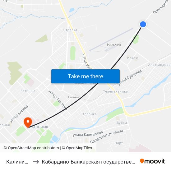 Калининградская Улица to Кабардино-Балкарская государственная сельскохозяйственная академия имени В.М. Кокова. map