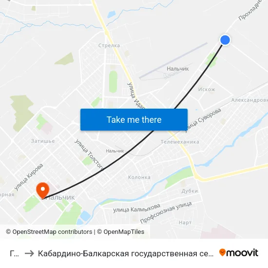 Гибдд to Кабардино-Балкарская государственная сельскохозяйственная академия имени В.М. Кокова. map