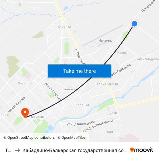 Гибдд to Кабардино-Балкарская государственная сельскохозяйственная академия имени В.М. Кокова. map