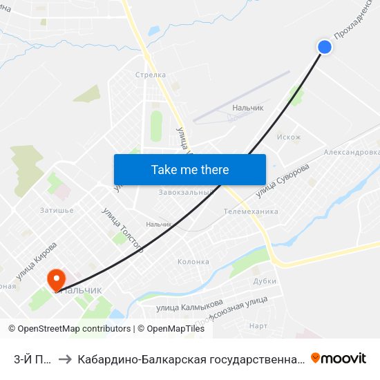 3-Й Промпроезд to Кабардино-Балкарская государственная сельскохозяйственная академия имени В.М. Кокова. map
