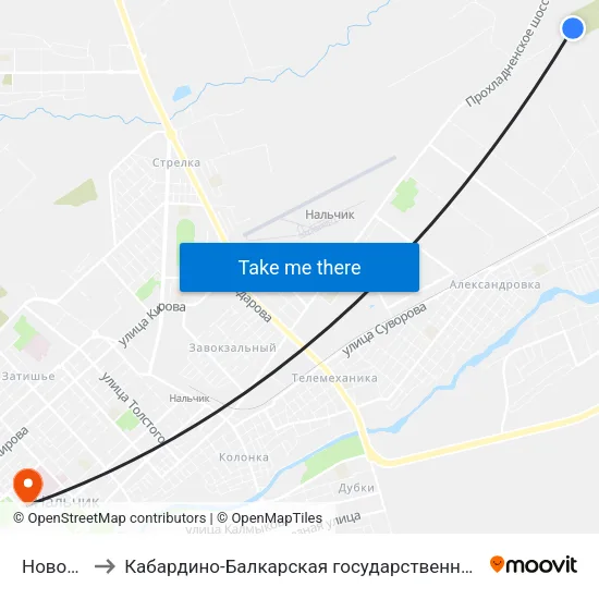 Новое Кладбище to Кабардино-Балкарская государственная сельскохозяйственная академия имени В.М. Кокова. map