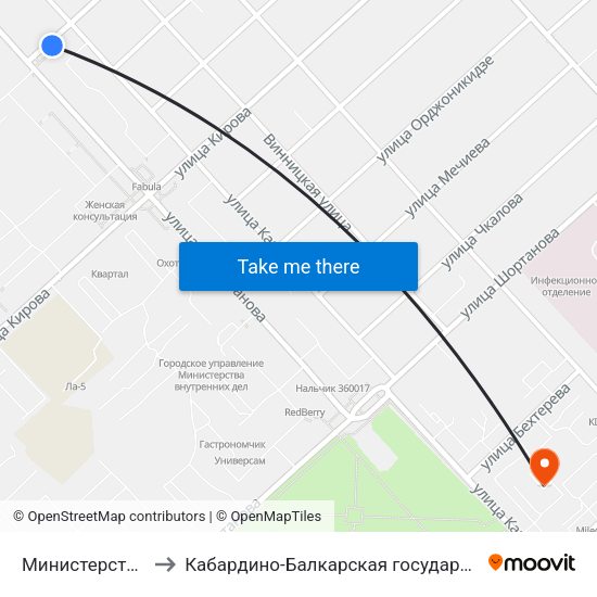 Министерство Чрезвычайных Ситуаций to Кабардино-Балкарская государственная сельскохозяйственная академия имени В.М. Кокова. map