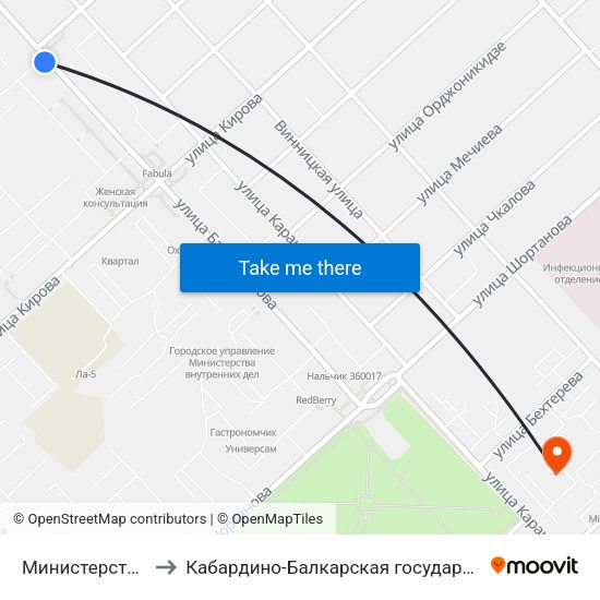 Министерство Чрезвычайных Ситуаций to Кабардино-Балкарская государственная сельскохозяйственная академия имени В.М. Кокова. map