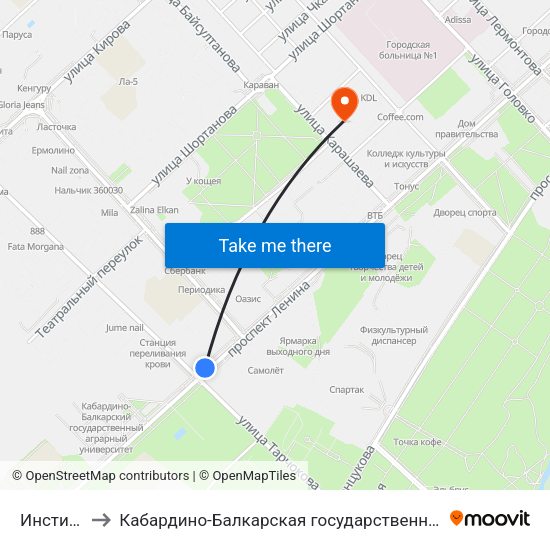 Институт Искусств to Кабардино-Балкарская государственная сельскохозяйственная академия имени В.М. Кокова. map