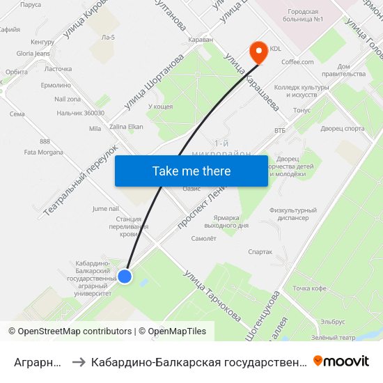 Аграрный Университет to Кабардино-Балкарская государственная сельскохозяйственная академия имени В.М. Кокова. map