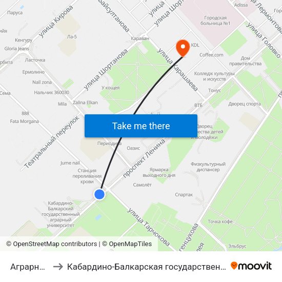 Аграрный Университет to Кабардино-Балкарская государственная сельскохозяйственная академия имени В.М. Кокова. map