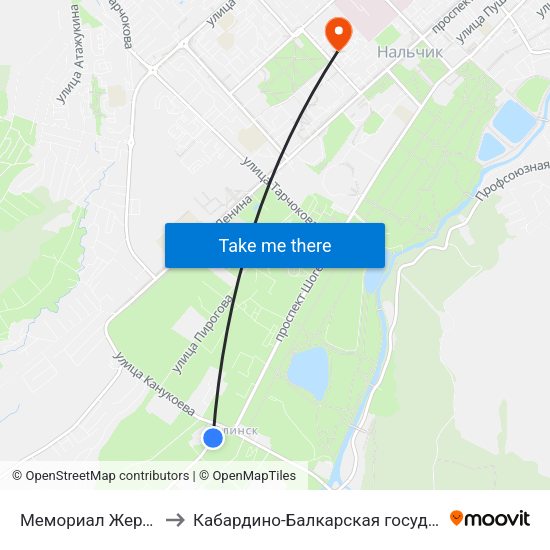 Мемориал Жертвам Репрессий Балкарского Народа to Кабардино-Балкарская государственная сельскохозяйственная академия имени В.М. Кокова. map