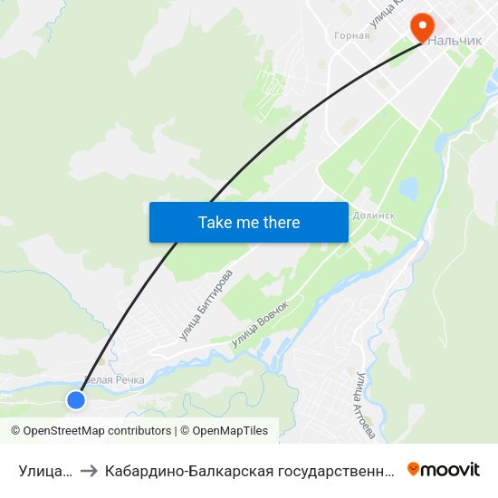 Улица Чабдарова to Кабардино-Балкарская государственная сельскохозяйственная академия имени В.М. Кокова. map