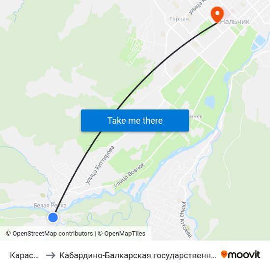Карасуйская Улица to Кабардино-Балкарская государственная сельскохозяйственная академия имени В.М. Кокова. map