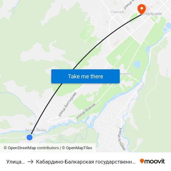 Улица Чабдарова to Кабардино-Балкарская государственная сельскохозяйственная академия имени В.М. Кокова. map