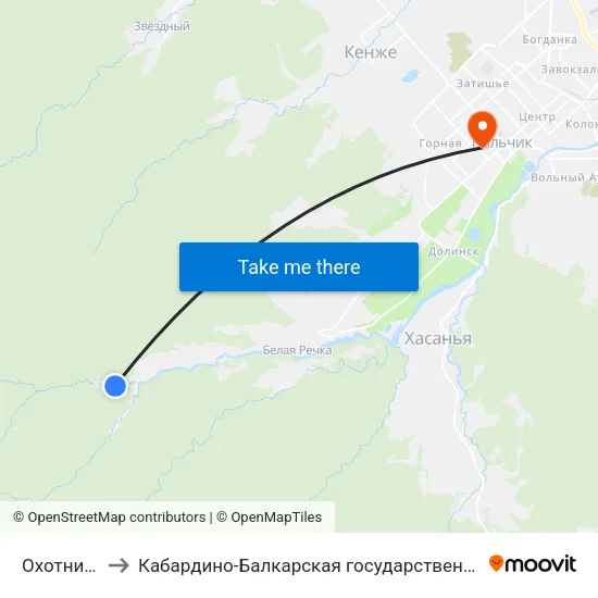 Охотничье Хозяйство to Кабардино-Балкарская государственная сельскохозяйственная академия имени В.М. Кокова. map