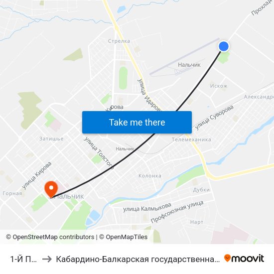 1-Й Промпроезд to Кабардино-Балкарская государственная сельскохозяйственная академия имени В.М. Кокова. map