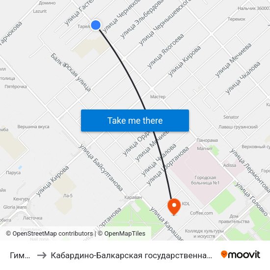 Гимназия №1 to Кабардино-Балкарская государственная сельскохозяйственная академия имени В.М. Кокова. map
