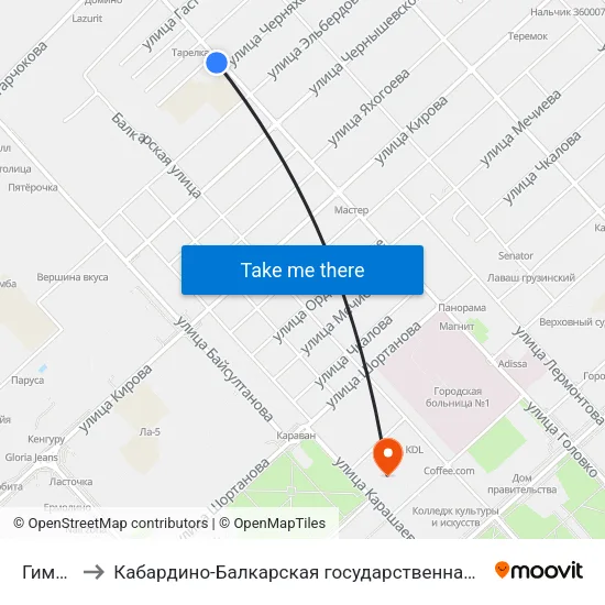 Гимназия №1 to Кабардино-Балкарская государственная сельскохозяйственная академия имени В.М. Кокова. map