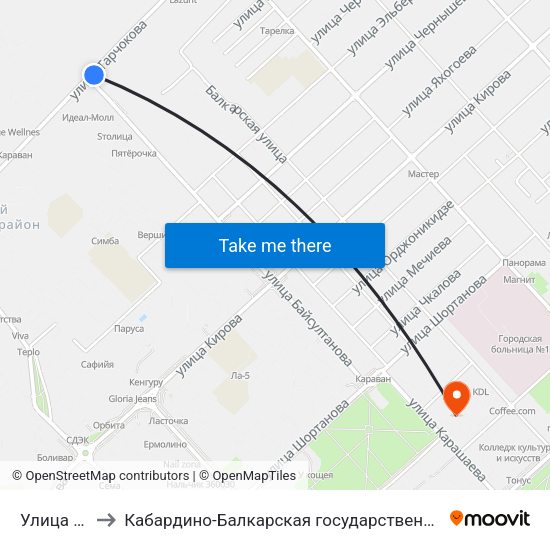 Улица Байсултанова to Кабардино-Балкарская государственная сельскохозяйственная академия имени В.М. Кокова. map