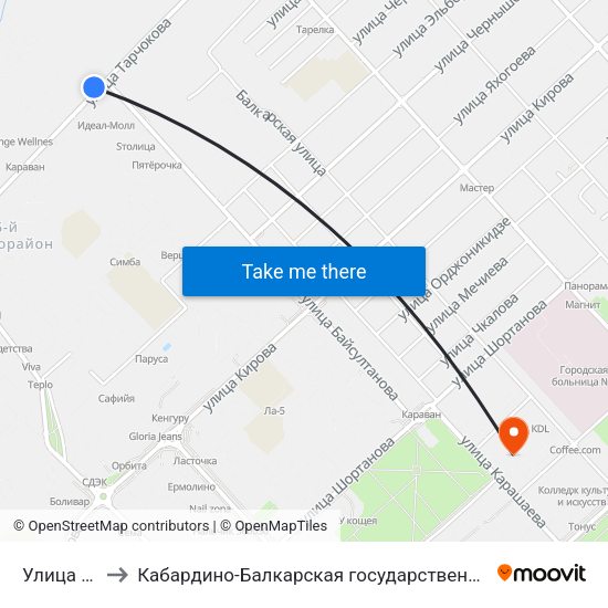 Улица Байсултанова to Кабардино-Балкарская государственная сельскохозяйственная академия имени В.М. Кокова. map