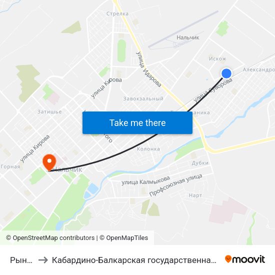Рынок Искож to Кабардино-Балкарская государственная сельскохозяйственная академия имени В.М. Кокова. map