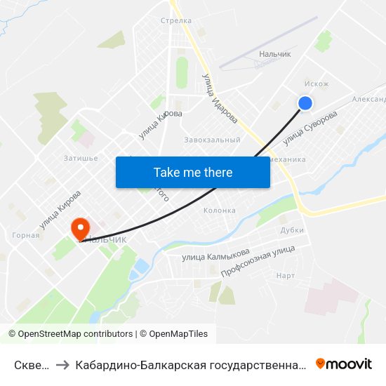 Сквер Дружбы to Кабардино-Балкарская государственная сельскохозяйственная академия имени В.М. Кокова. map