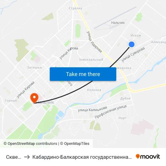 Сквер Дружбы to Кабардино-Балкарская государственная сельскохозяйственная академия имени В.М. Кокова. map