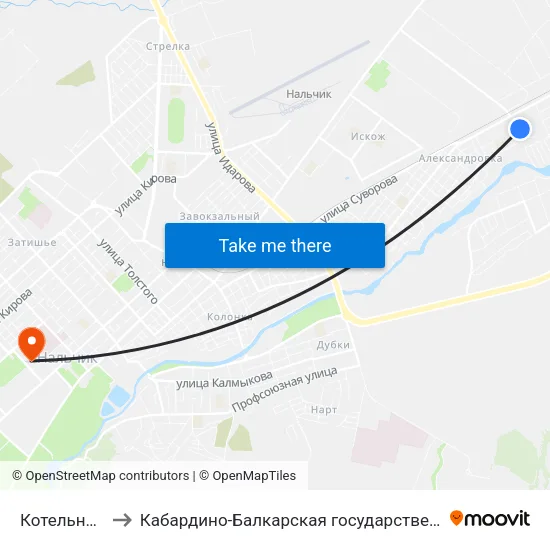 Котельная Александровка to Кабардино-Балкарская государственная сельскохозяйственная академия имени В.М. Кокова. map