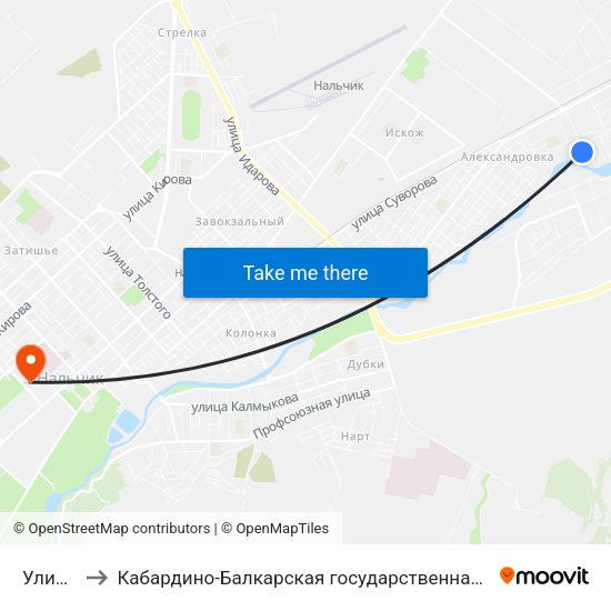 Улица Мусова to Кабардино-Балкарская государственная сельскохозяйственная академия имени В.М. Кокова. map