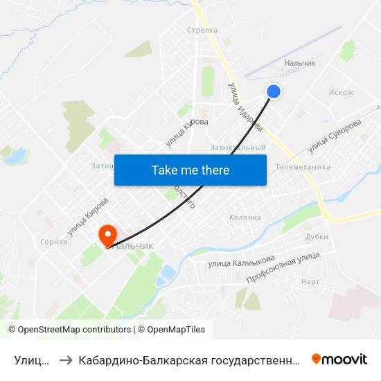 Улица Киримова to Кабардино-Балкарская государственная сельскохозяйственная академия имени В.М. Кокова. map