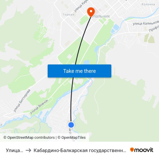 Улица Ульбашева to Кабардино-Балкарская государственная сельскохозяйственная академия имени В.М. Кокова. map