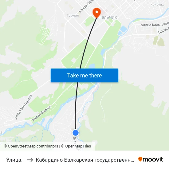 Улица Ульбашева to Кабардино-Балкарская государственная сельскохозяйственная академия имени В.М. Кокова. map