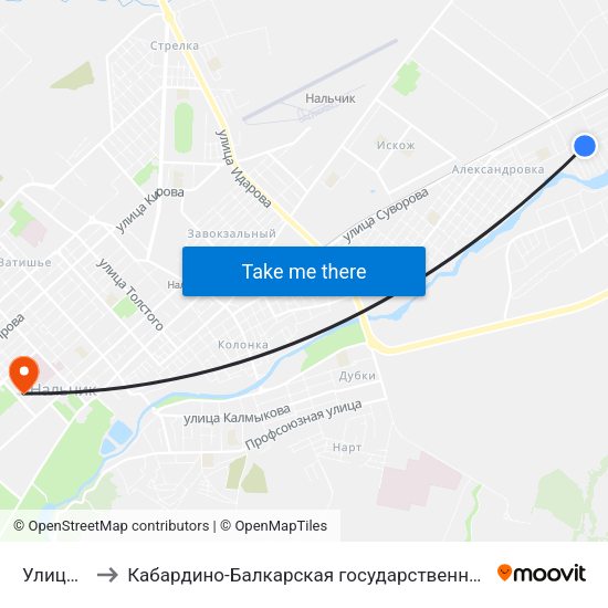 Улица Коллонтай to Кабардино-Балкарская государственная сельскохозяйственная академия имени В.М. Кокова. map