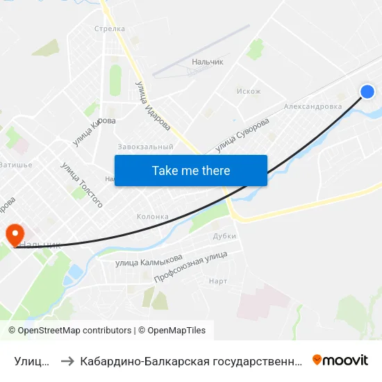 Улица Коллонтай to Кабардино-Балкарская государственная сельскохозяйственная академия имени В.М. Кокова. map