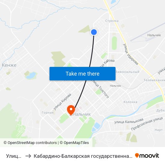 Улица Тельмана to Кабардино-Балкарская государственная сельскохозяйственная академия имени В.М. Кокова. map