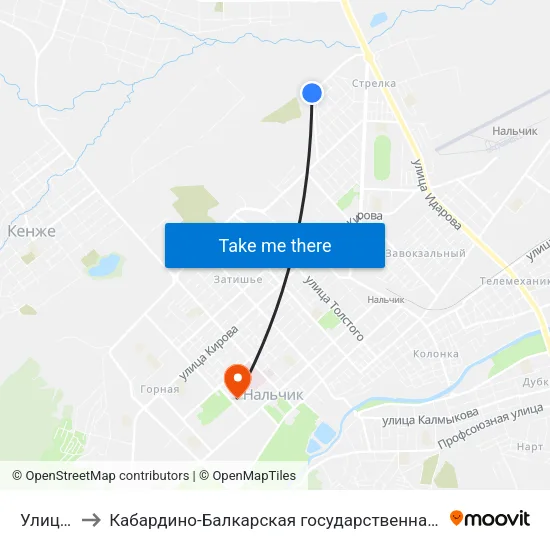 Улица Масаева to Кабардино-Балкарская государственная сельскохозяйственная академия имени В.М. Кокова. map