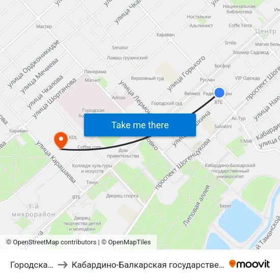 Городская Администрация to Кабардино-Балкарская государственная сельскохозяйственная академия имени В.М. Кокова. map