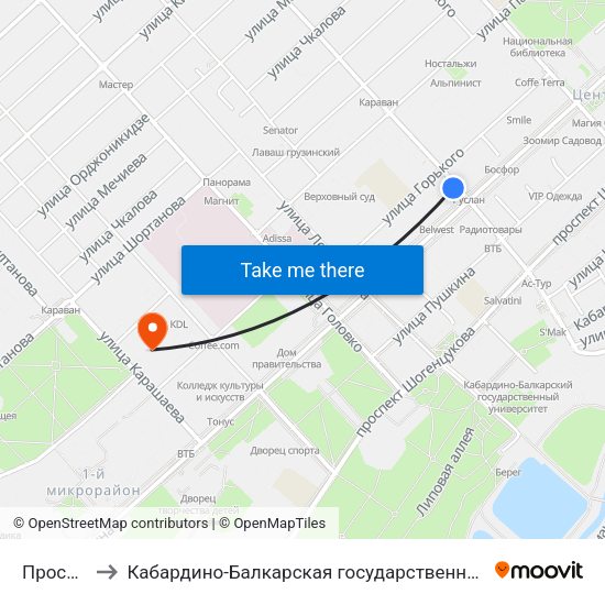 Проспект Ленина to Кабардино-Балкарская государственная сельскохозяйственная академия имени В.М. Кокова. map