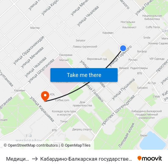 Медицинский Колледж to Кабардино-Балкарская государственная сельскохозяйственная академия имени В.М. Кокова. map
