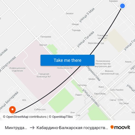 Минтруда И Здравоохранения to Кабардино-Балкарская государственная сельскохозяйственная академия имени В.М. Кокова. map