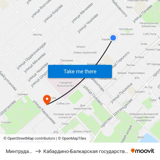 Минтруда И Здравоохранения to Кабардино-Балкарская государственная сельскохозяйственная академия имени В.М. Кокова. map