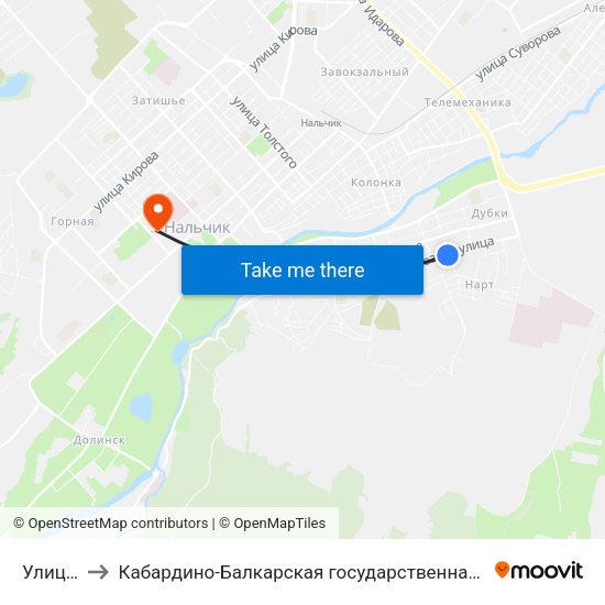 Улица Будаева to Кабардино-Балкарская государственная сельскохозяйственная академия имени В.М. Кокова. map