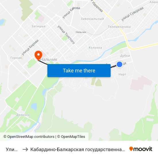 Улица Махова to Кабардино-Балкарская государственная сельскохозяйственная академия имени В.М. Кокова. map