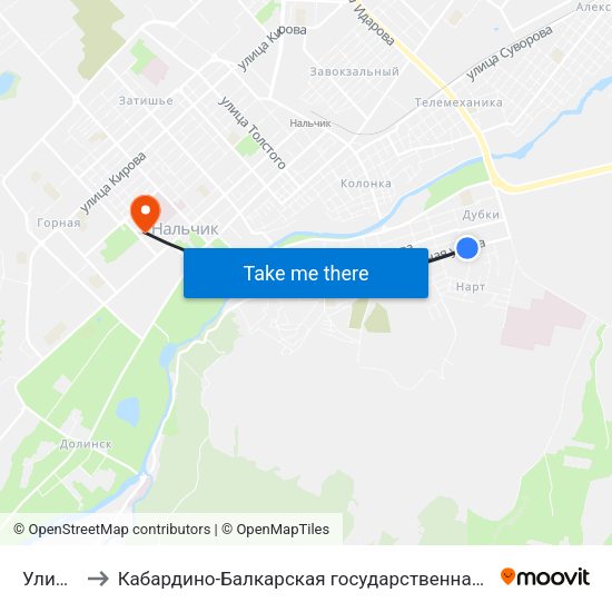 Улица Махова to Кабардино-Балкарская государственная сельскохозяйственная академия имени В.М. Кокова. map