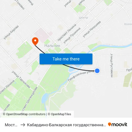 Мостовая Улица to Кабардино-Балкарская государственная сельскохозяйственная академия имени В.М. Кокова. map