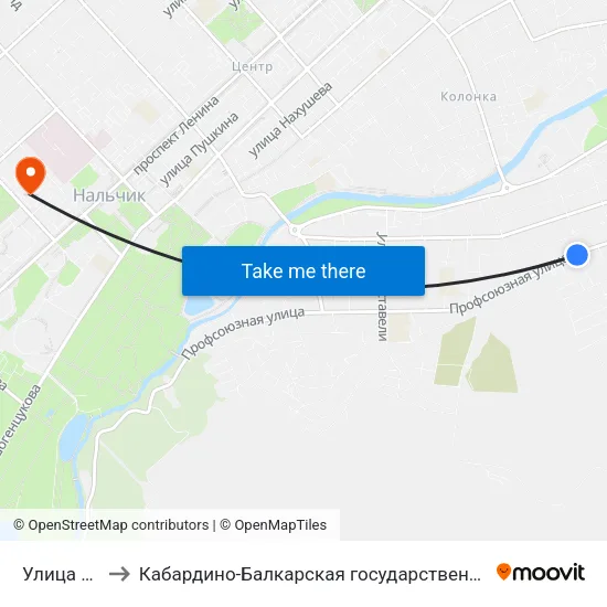 Улица Дзержинского to Кабардино-Балкарская государственная сельскохозяйственная академия имени В.М. Кокова. map