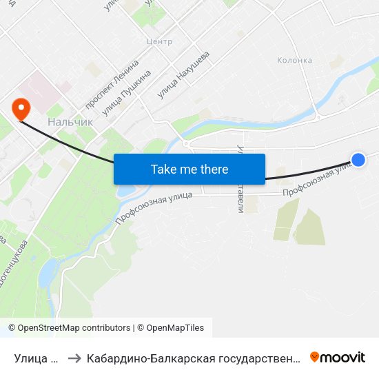 Улица Дзержинского to Кабардино-Балкарская государственная сельскохозяйственная академия имени В.М. Кокова. map